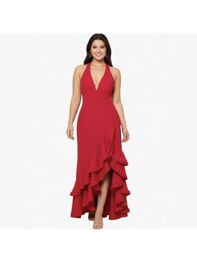 Betsy & Adam Women Sleeveless VNeck Asymmetric Ruffle Hem Scuba Crepe Gown 8 NWT